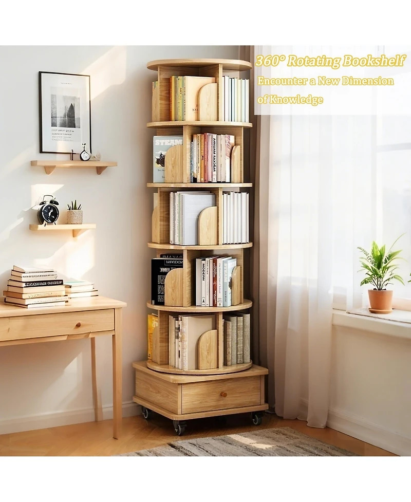 Rainsken 6 Tier Rotating Bookshelf with Drawers On Wheel