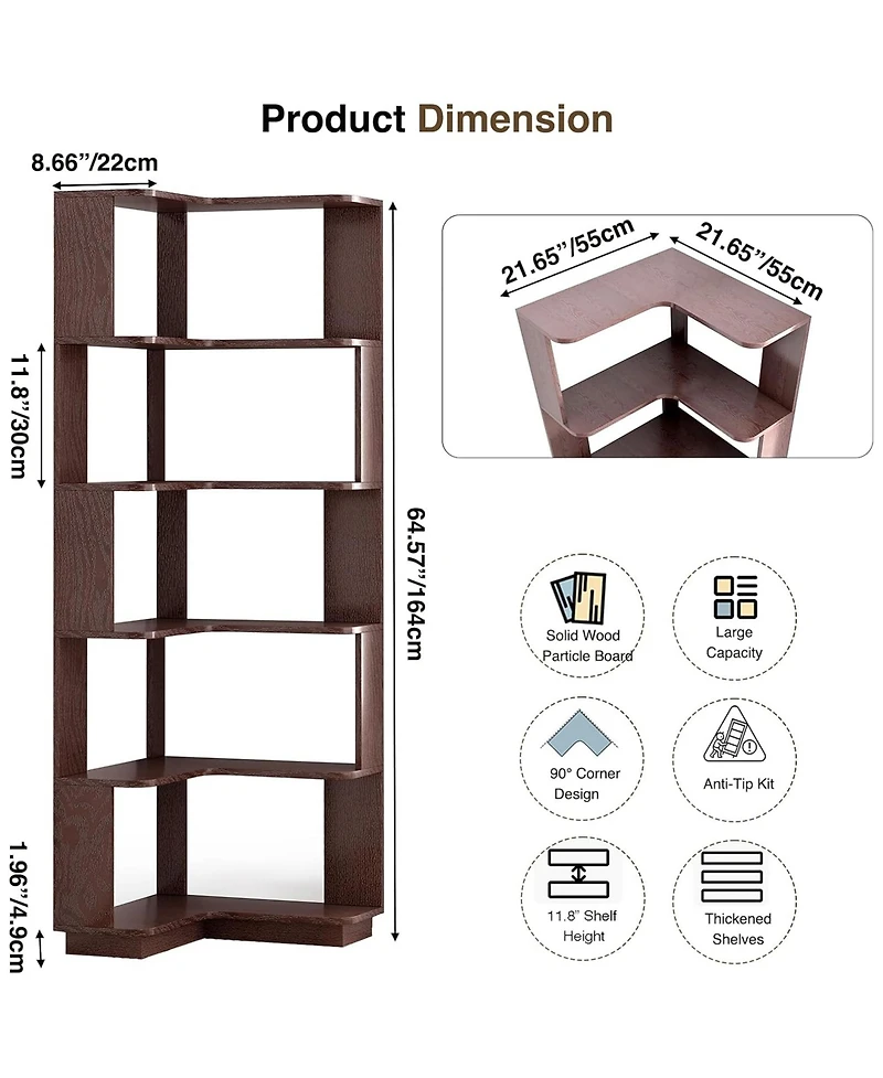 Rainsken 5 Tier L-Shaped Corner Bookshelf
