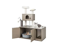 Aostirmotor 2-in-1 Modern Cat Tower with Litter Box Enclosure, Indoor Cat Furniture with Hidden Washroom & Perch