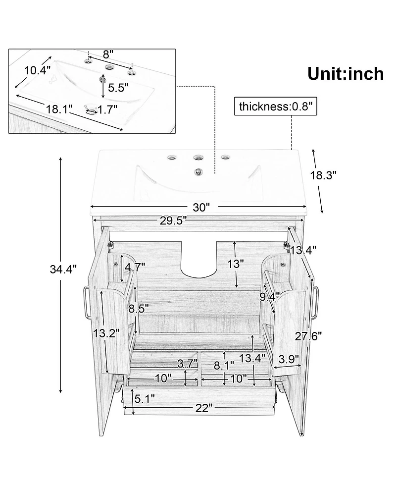 Sillysis 30" Bathroom Vanity with Ceramic Sink, Natural Solid Wood & Mdf Cabinet, Adjustable Shelf, Drawer Storage for Modern Bathrooms-Sillysis