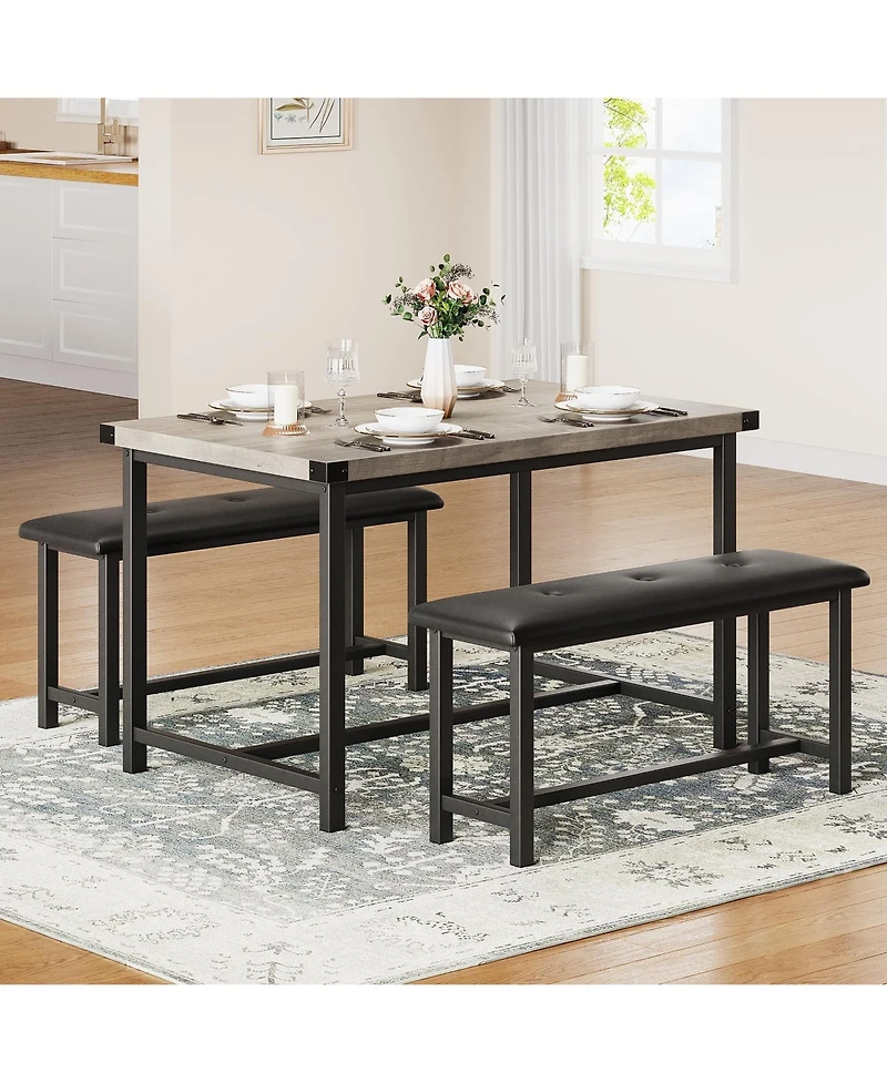gaomon Dining Table Set for 4, Space Saving Kitchen Table with 2 Upholstered Benches, 3-Piece Industrial Dining Room Table Set