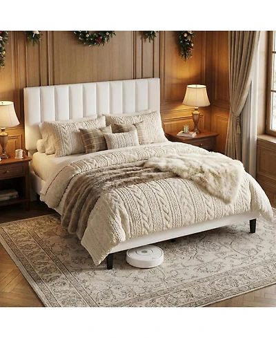 gaomon Queen Bed Frame, Velvet Upholstered Platform with Adjustable Vertical Channel Tufted Headboard, No Box Spring Needed, Easy Assembly