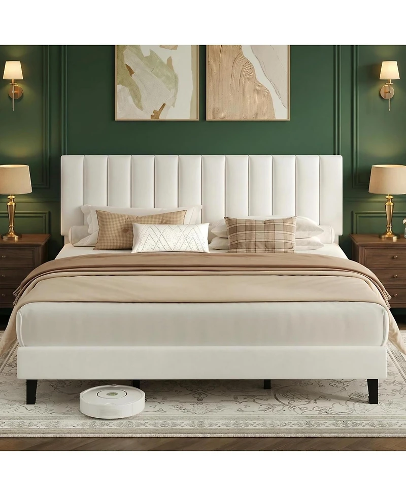 gaomon King Bed Frame, Velvet Upholstered Platform with Adjustable Vertical Channel Tufted Headboard, No Box Spring Needed, Easy Assembly