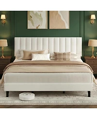 gaomon King Bed Frame, Velvet Upholstered Platform with Adjustable Vertical Channel Tufted Headboard, No Box Spring Needed, Easy Assembly