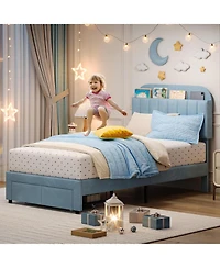 gaomon Kids Twin Bed Frame Set — Upholstered Platform Beds with Storage Drawer & Bookcase Headboard (2-Pack)