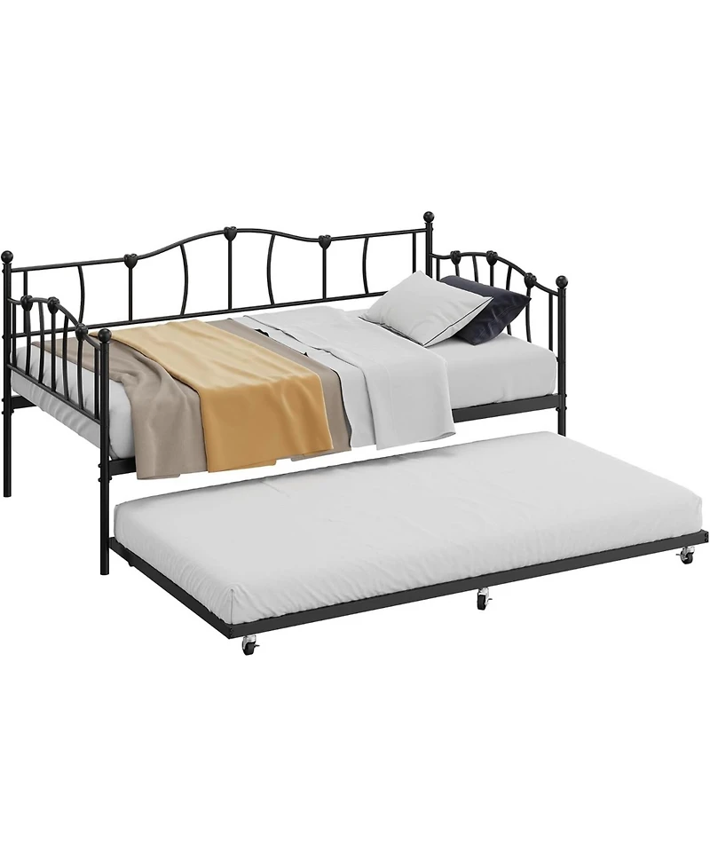 gaomon Metal Twin Daybed With Trundle Bed, Twin Size Day Bed With Pullout Trundle and Headboard, Metal Sofa Bed Frame With Steel Slat Support