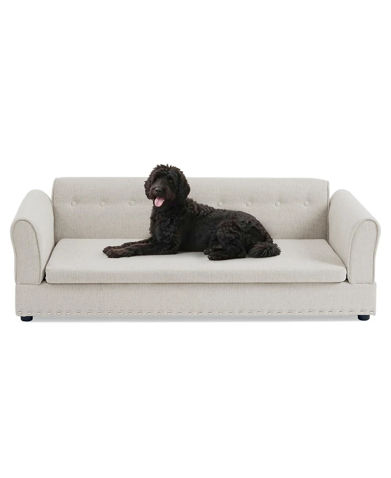 Aostirmotor Oversized Pet Sofa, Modern Linen Fabric Elevated Dog Bed with Backrest & Armrest for Large Dogs