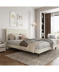 gaomon Full Upholstered Platform Bed Fabric Headboard Wooden Metal Slats Noise-Free Easy Assembly No Box Spring