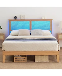 gaomon Rattan Bed Frame Wood Headboard Led Lights Wooden Slats Noise-Free Easy Assembly No Box Spring.