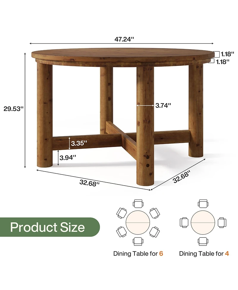 Tribesigns 47" Solid Wood Dining Table for 4-6, Farmhouse Round Kitchen Table