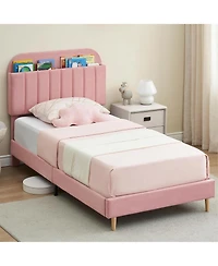 gaomon Upholstered Platform Bed Frame with Bookcase Headboard, Velvet Mattress Foundation, Heavy Duty Steel Support Legs