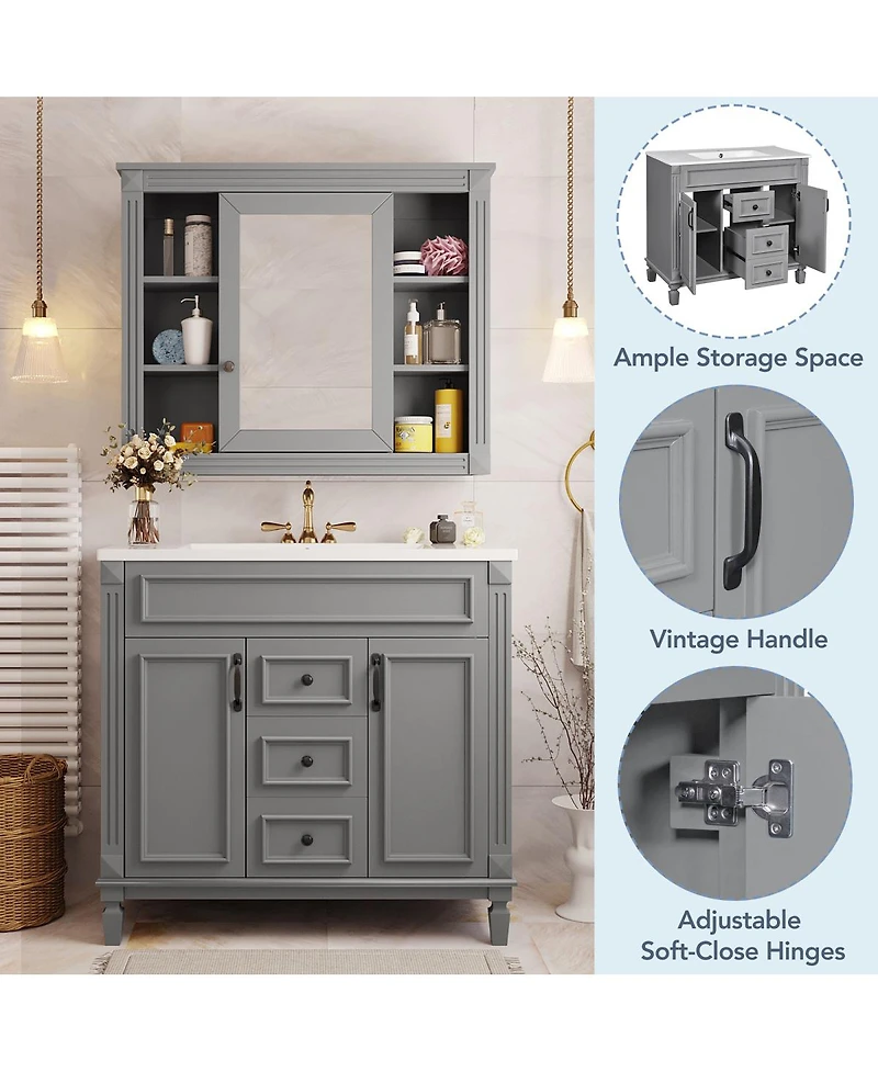 Sillysis 36" Bathroom Vanity with Sink and Mirror, Modern Freestanding Solid Wood Cabinet Storage Drawers Ceramic Top-Sillysis