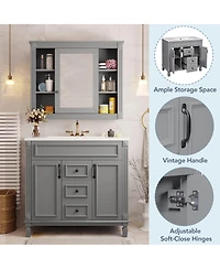 Sillysis 36" Bathroom Vanity with Sink and Mirror, Modern Freestanding Solid Wood Cabinet Storage Drawers Ceramic Top-Sillysis