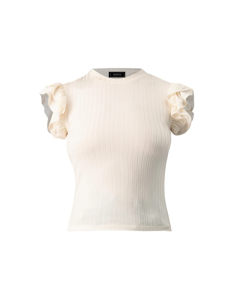 Ivonne Women's Ribbed Straight Top With Ruffles