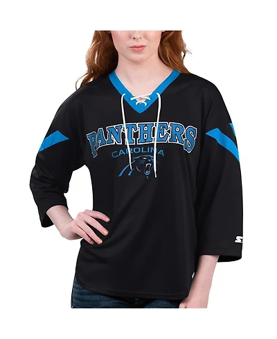 Starter Women's Black Carolina Panthers Rally Lace-Up 3/4 Sleeve T-Shirt