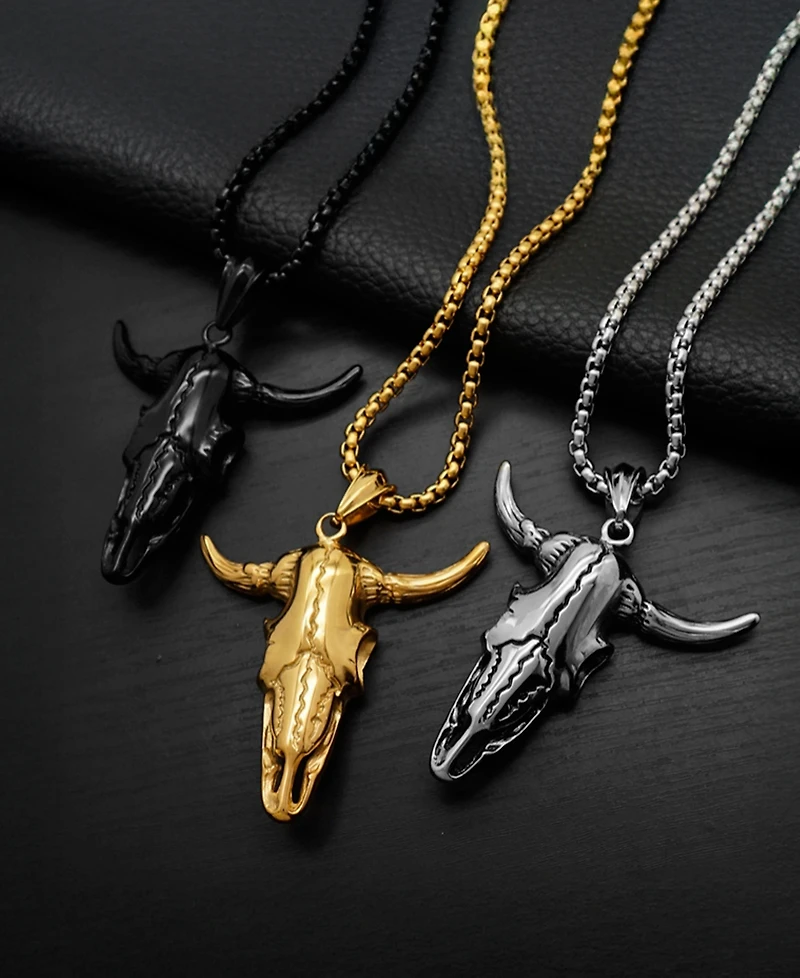 Rhona Sutton Men's Stainless Steel Bull Skull Pendant Necklace