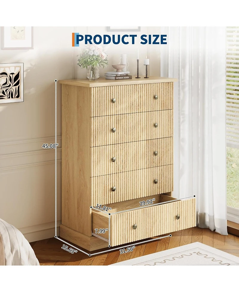 gaomon 5 Drawer Tall Dresser for Bedroom, Fluted Vertical Chest of Drawers, Wood Storage Dresser with Metal Handles