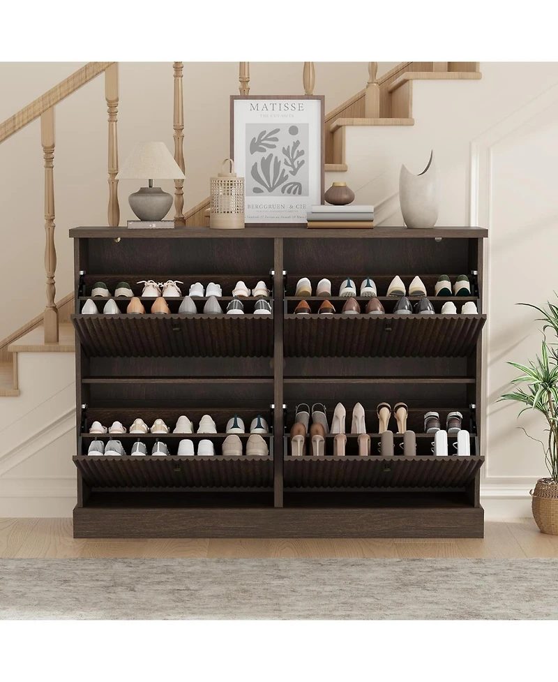 gaomon Shoe cabinet with 4 flip drawers, adjustable shelves, fluted design, and a sturdy top. A slim wooden organizer ideal for entryways.