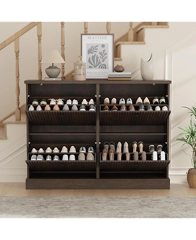 gaomon Shoe cabinet with 4 flip drawers, adjustable shelves, fluted design, and a sturdy top. A slim wooden organizer ideal for entryways.