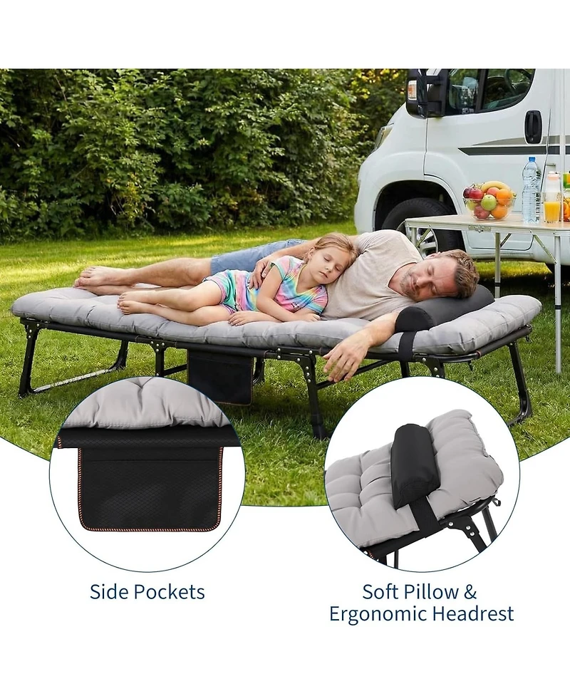 gaomon TrailBlaze Heavy-Duty Folding Camping Cot Bed for Adults – Removable Thick Mattress, Pillow & Side Pocket, Portable Oxford, 400lbs Capac