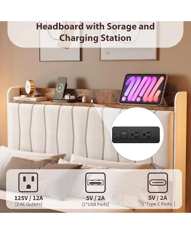 gaomon Floating Bed Frame with Led Lights & Charging Station Upholstered Platform Storage Headboard Wood Slats Support Easy to Assemble