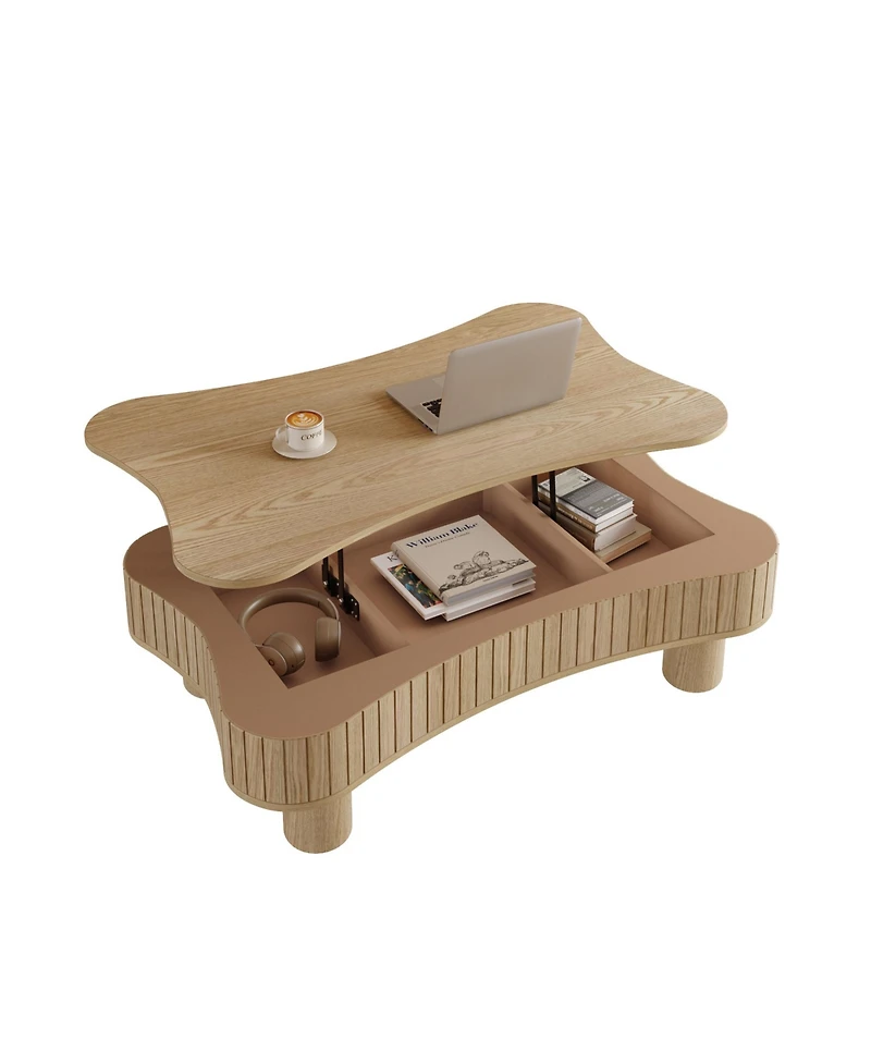 Rainsken Lift Top Coffee Table - Fluted-Panel Wooden Center Table, Hidden Storage, Silent Hydraulic Lift, Curved Corners for Living Room