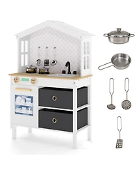 Mecale Kids Play Kitchen Toy with 2 Stoves & Rotating Knobs, Wooden Pretend Play Set