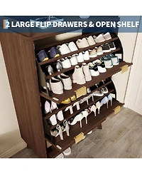 gaomon Fluted Shoe Storage Cabinet for Entryway with 2 Flip Drawers and Adjustable Shelves 48 inch Tall Freestanding Narrow Wood Shoe Cabinet