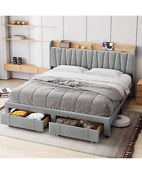 gaomon Full Bed Frame Storage Headboard Upholstered Platform Drawers Charging Station Noise-Free Easy Assembly No Box Spring