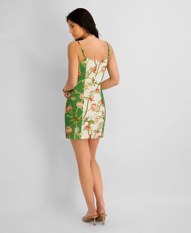 Siena Women's Printed Flax Woven Square Neck Short Dress