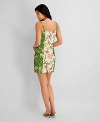 Siena Women's Printed Flax Woven Square Neck Short Dress