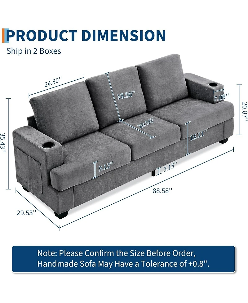 gaomon 89 Comfy Couches with Deep Seat, Modern 3-Seater Sofa Cup Holders and Side Storage Pockets for Living Room Apartment Lounge