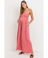 Hello Miz Maternity Sleeveless Smocked Bodice Wide-Leg Jumpsuit with Pockets