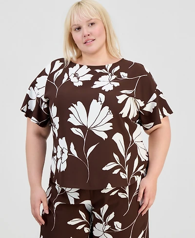 Anne Klein Plus Printed Flutter-Sleeve Top