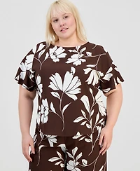 Anne Klein Plus Printed Flutter-Sleeve Top