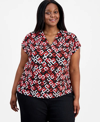 Anne Klein Plus Pleated V-Neck Cap-Sleeve Top