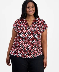 Anne Klein Plus Pleated V-Neck Cap-Sleeve Top