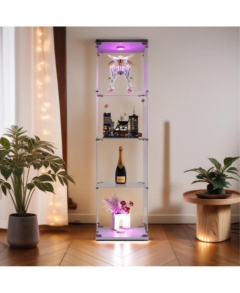 Streamdale Furniture Lighted 4 Shelves Glass Cabinet Glass Display Cabinet With One Door, White