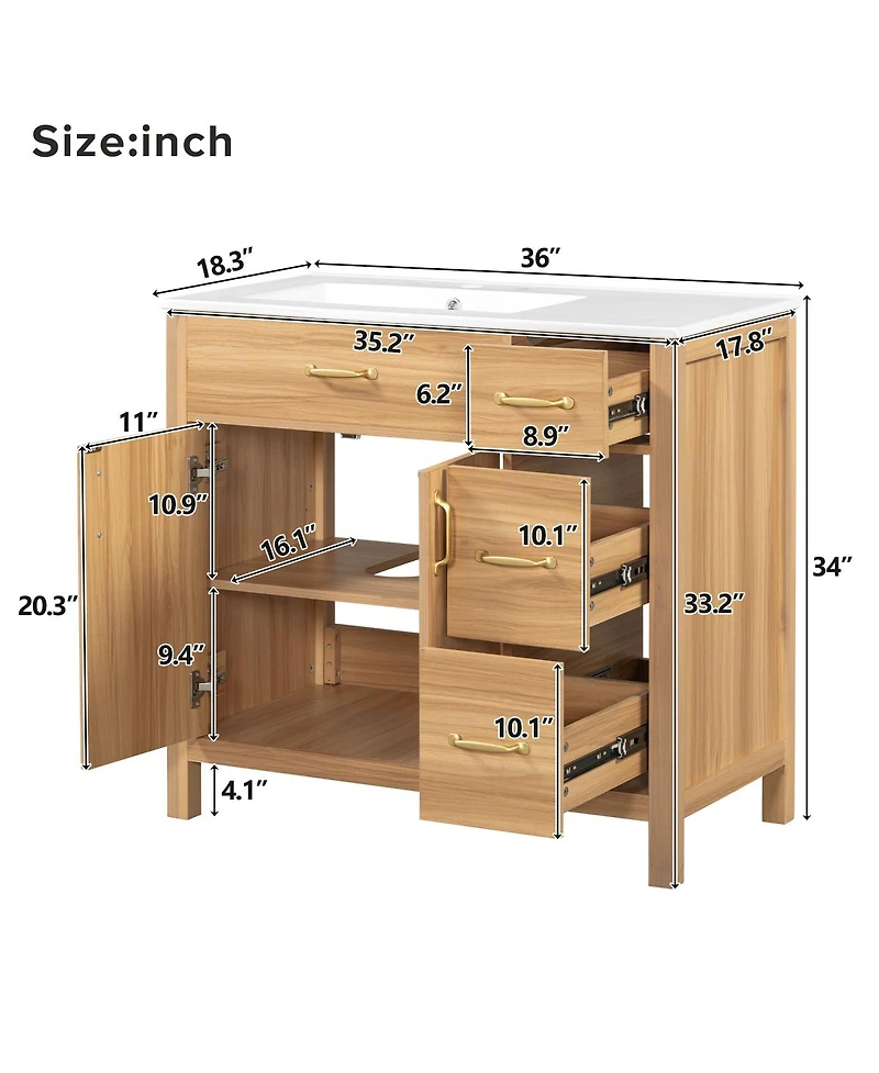 Sillysis 36 Inch Wood Bathroom Vanity with Ceramic Sink, Solid Wood Frame, Soft Close Storage Drawers for Small Bathrooms