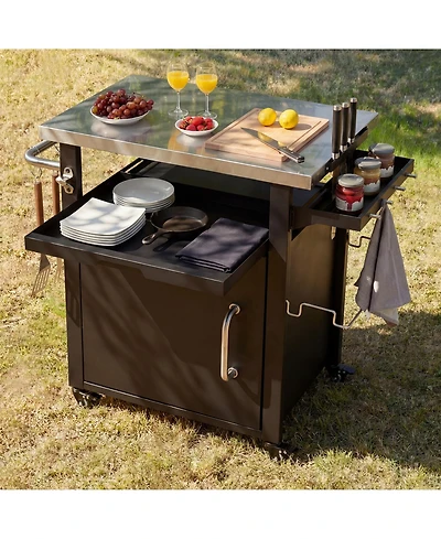 Rainsken Outdoor Grill Cart with Wheels, Spice, Paper Rack, Storage Cabinet and Stainless Steel Top for Bbq, Waterproof Cover Included