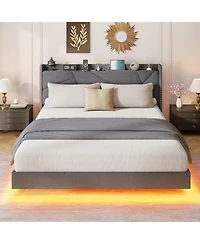 gaomon Floating Bed Frame Rgb Led Lights Charging Station Upholstered Suspended Platform Storage Headboard No Box Spring