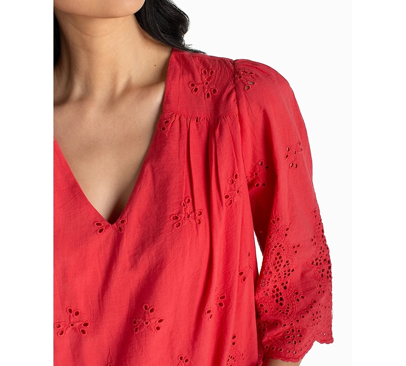 Liverpool Los Angeles Petite V-Neck Eyelet Woven Top