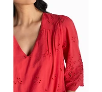 Liverpool Los Angeles Petite V-Neck Eyelet Woven Top