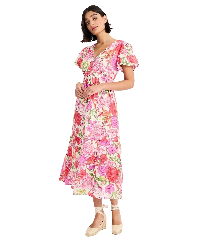 Maggy London Women's Puff-Sleeve V-Neck Midi Dress