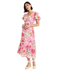 Maggy London Women's Puff-Sleeve V-Neck Midi Dress