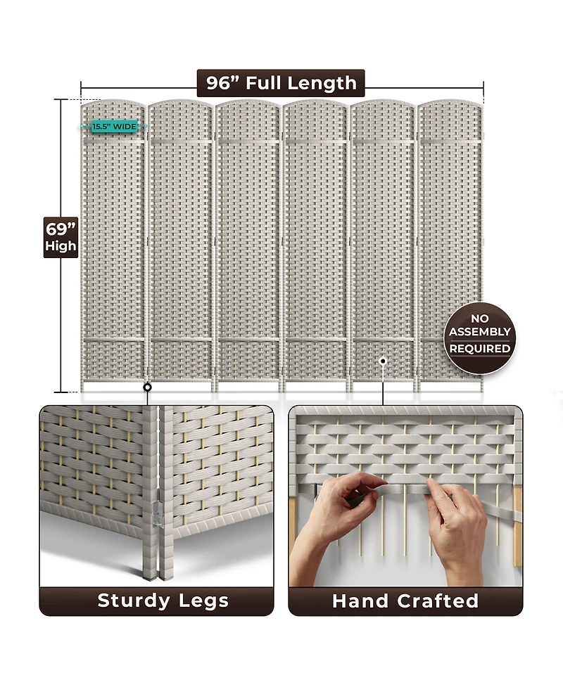 Sorbus 6 Panel Room Divider ft. Tall - Extra Wide Double Hinged Panels, Mesh Hand-Woven Design, Partition Dividers (White)