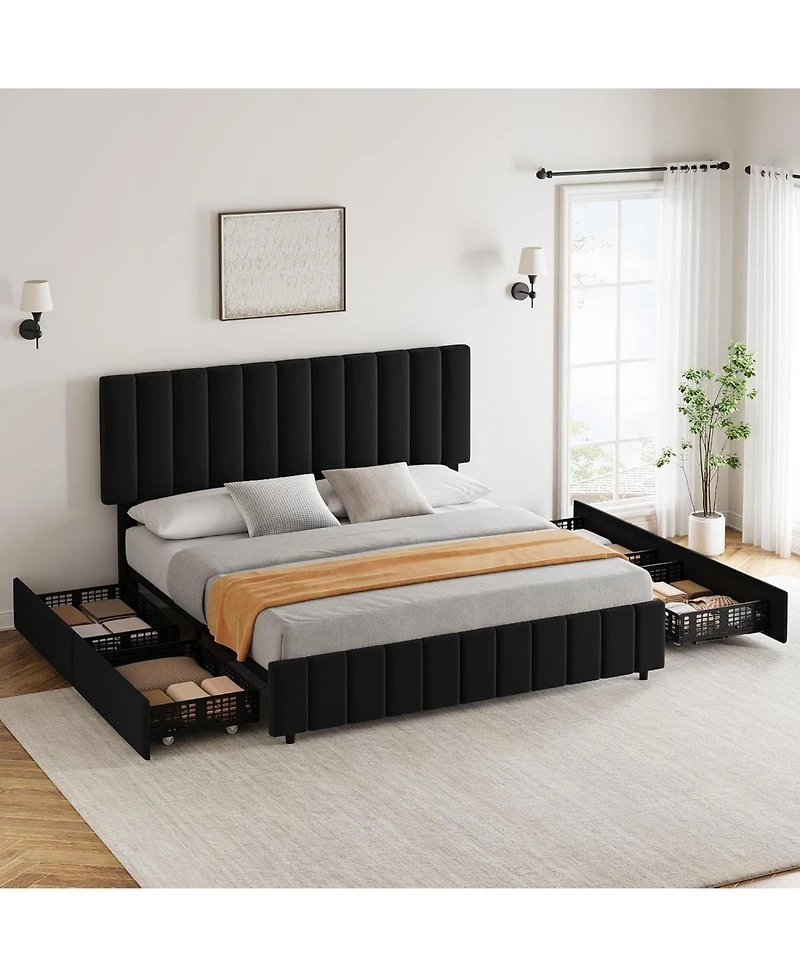 gaomon Linen Upholstered Bed Frame with 4 Storage Drawers, Adjustable Headboard, Sturdy Wooden Slats, No Box Spring Required