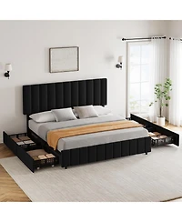 gaomon Linen Upholstered Bed Frame with 4 Storage Drawers, Adjustable Headboard, Sturdy Wooden Slats, No Box Spring Required