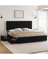 gaomon Linen Upholstered Bed Frame with 4 Storage Drawers, Adjustable Headboard, Sturdy Wooden Slats, No Box Spring Required
