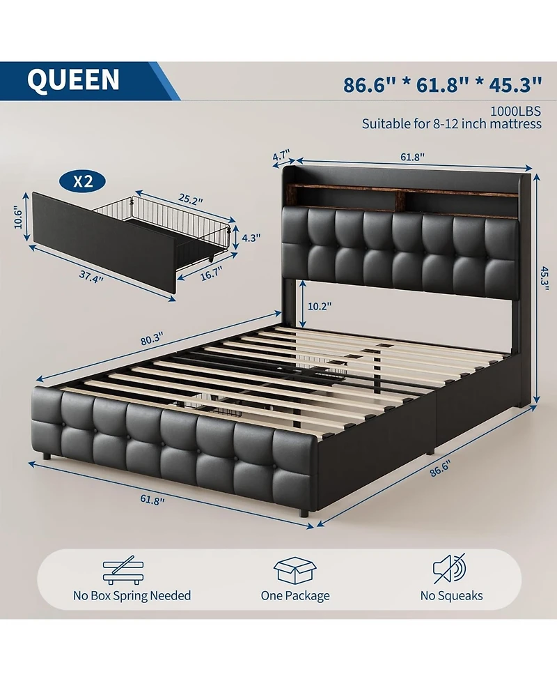 gaomon Full Bed Frame with 2 Storage Drawers, Upholstered Led Light